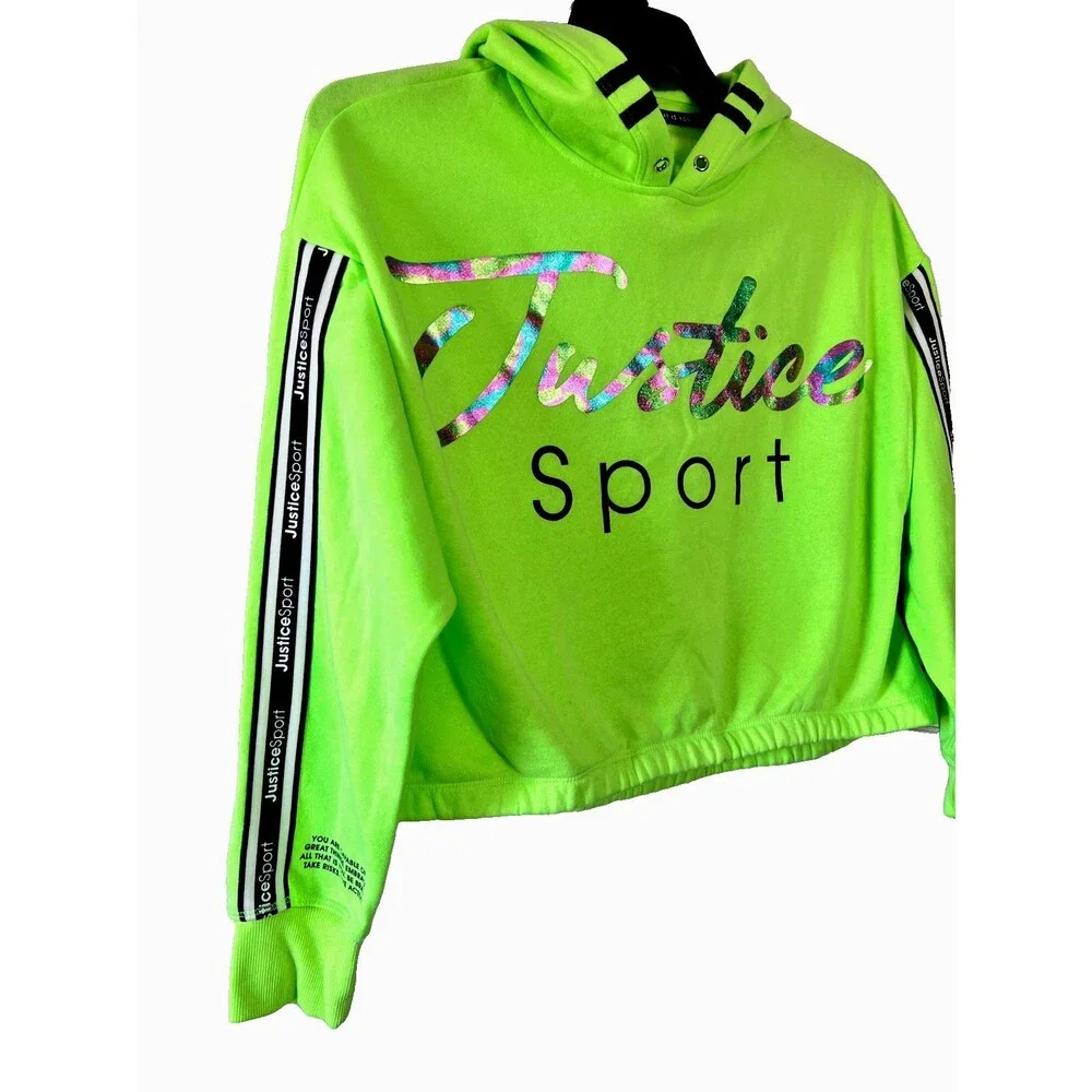 Justice Sport Lime Green Black Stripes Cropped Hoodie Youth Large NWT
